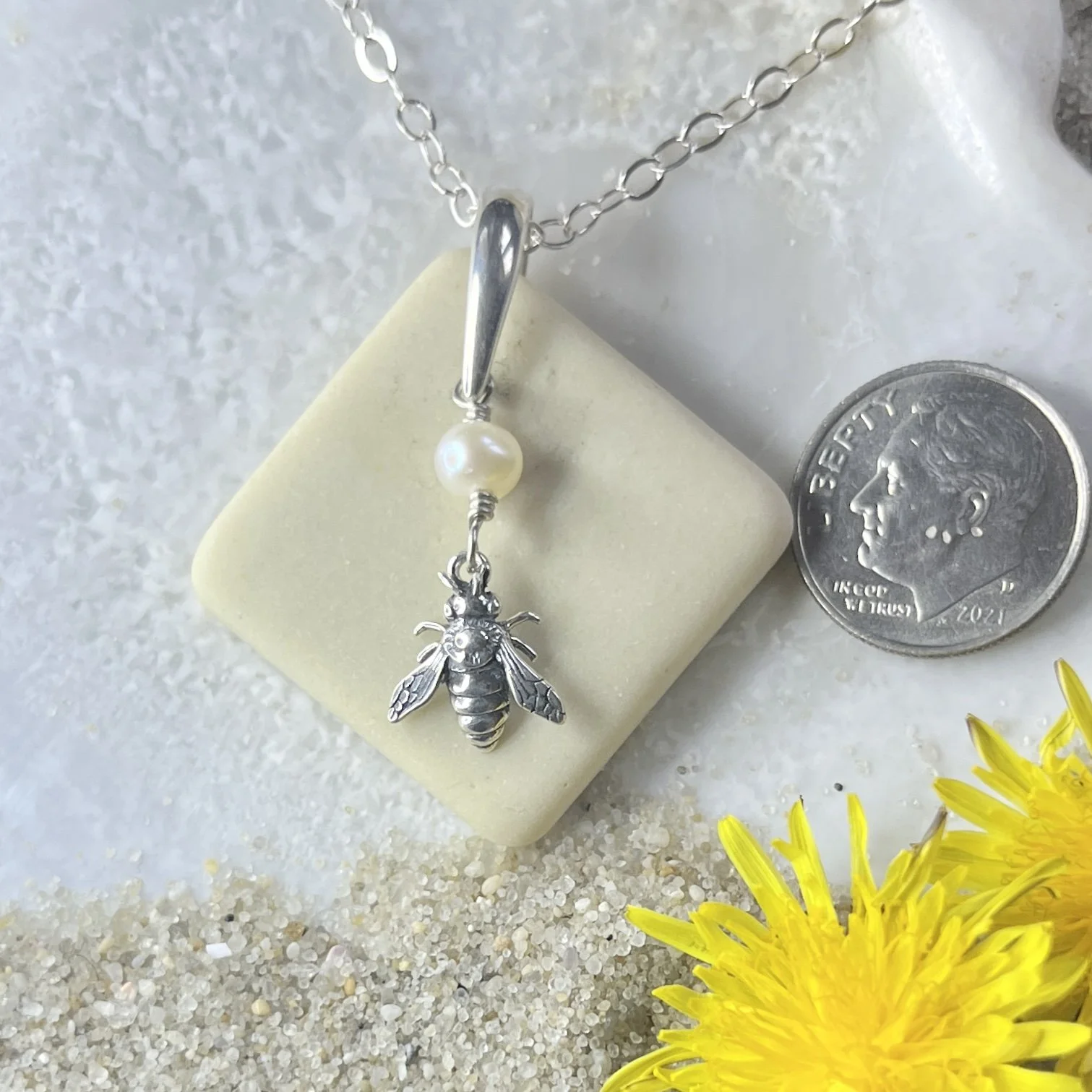Soft Yellow Sea Tile Sea Pottery  Necklace with a Sterling Silver Honey Bee