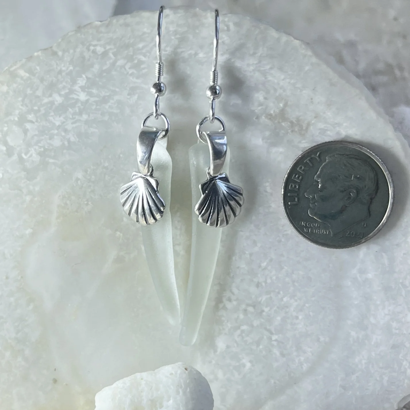 Light Sea Foam Sea Glass Earrings with Sterling Silver Shells.jpg