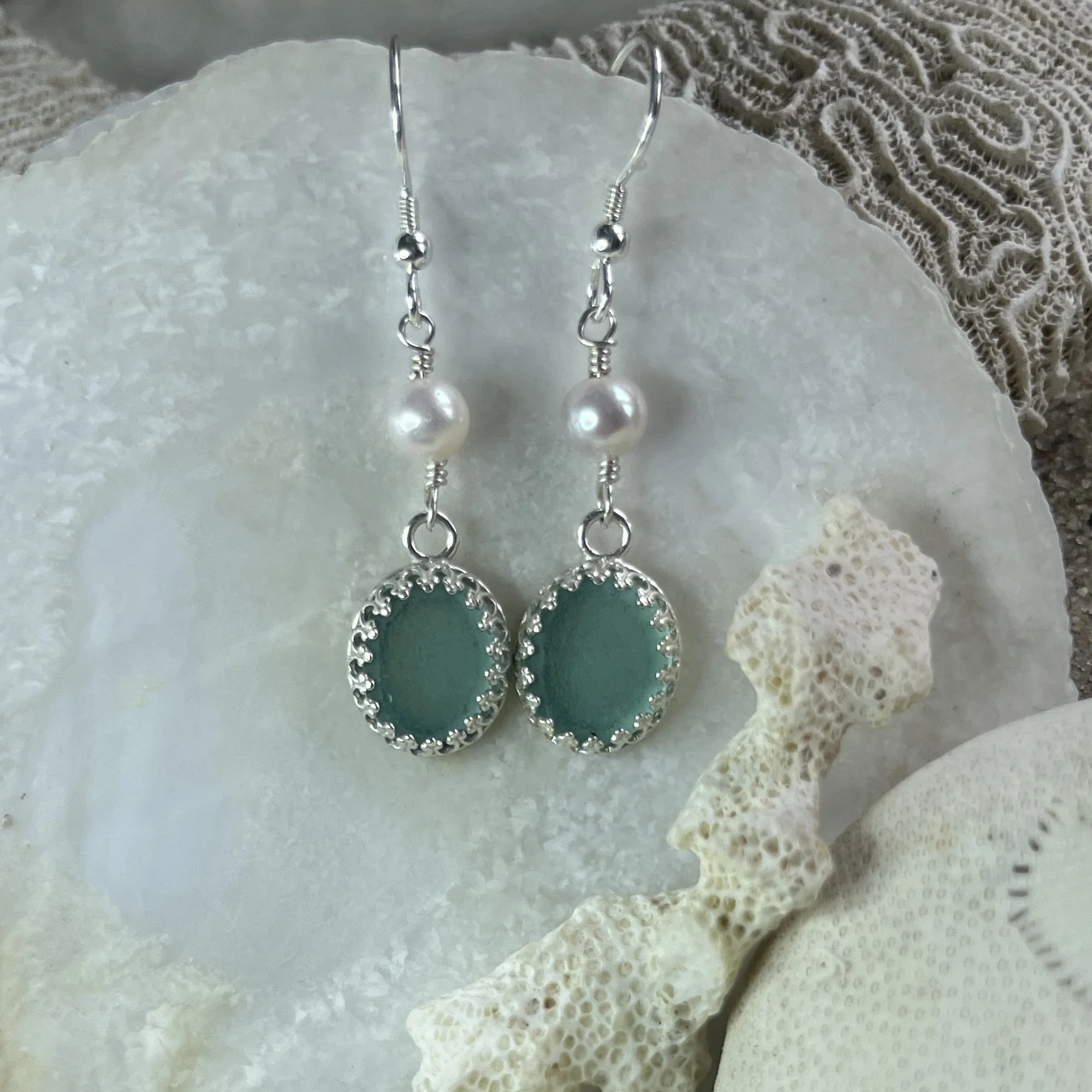 Teal Sea Glass Earrings with Fresh Water Pearls by Janet Payne Jewelry, Cape May, NJ.jpg