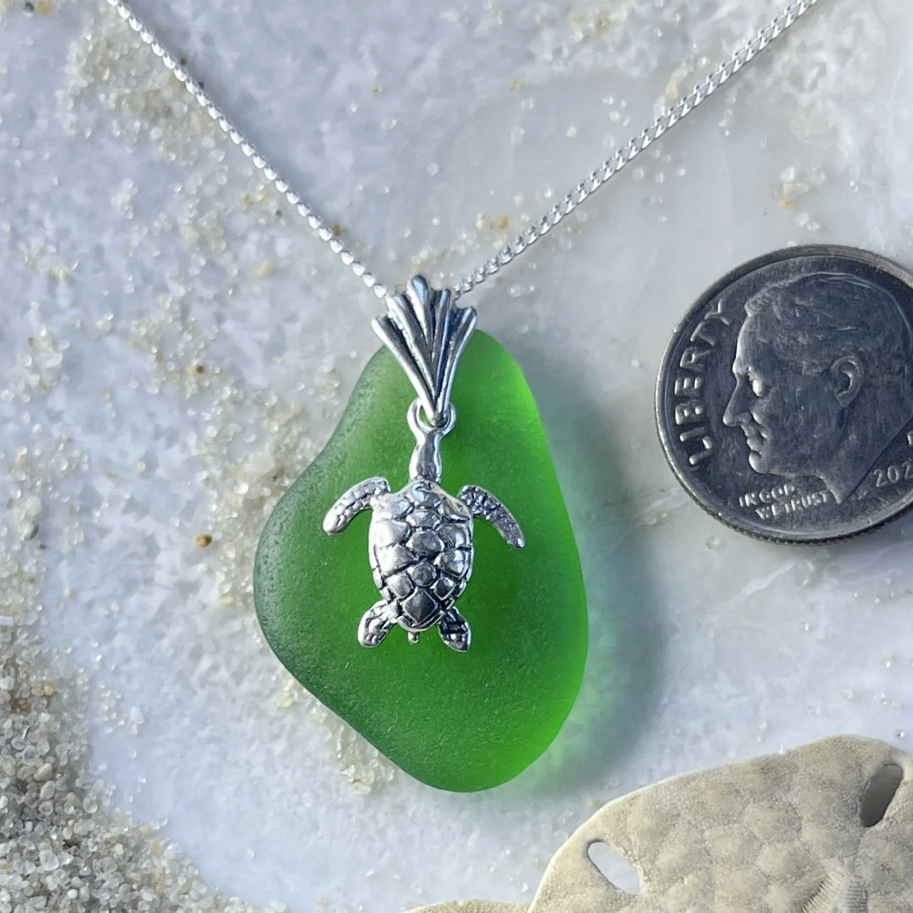Bright Green Sea Glass Necklace with a Sterling Silver Sea Turtle.jpg