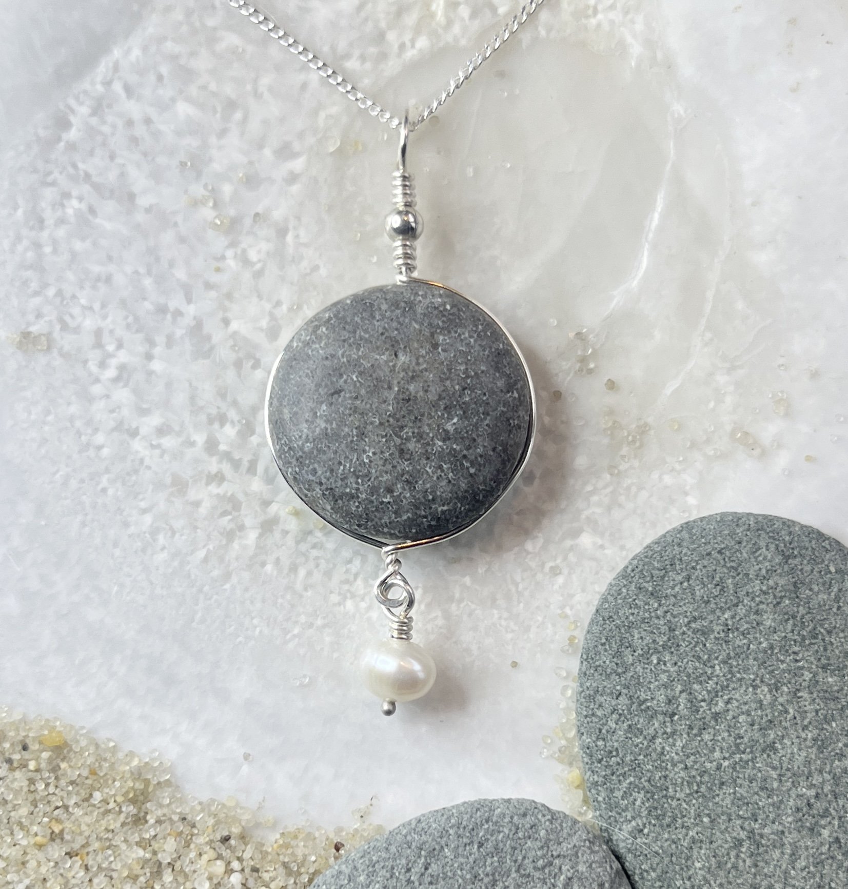 Beach Stone Necklace with a Freshwater Pearl by Janet Payne Jewelry, Cape May, NJ.jpg