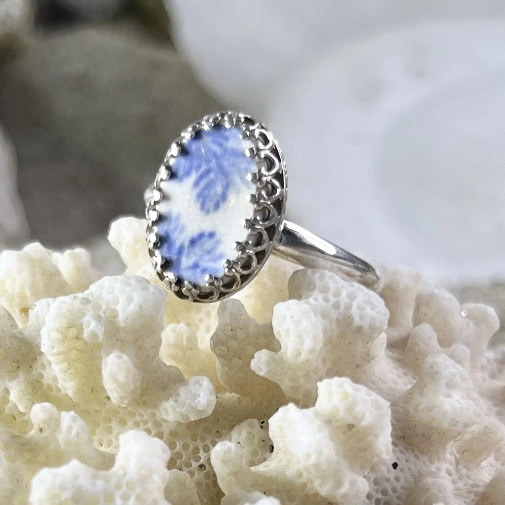 Blue Transfer Ware Sea Pottery Ring set in Sterling Silver, Size 9 by Janet Payne Jewelry.jpg