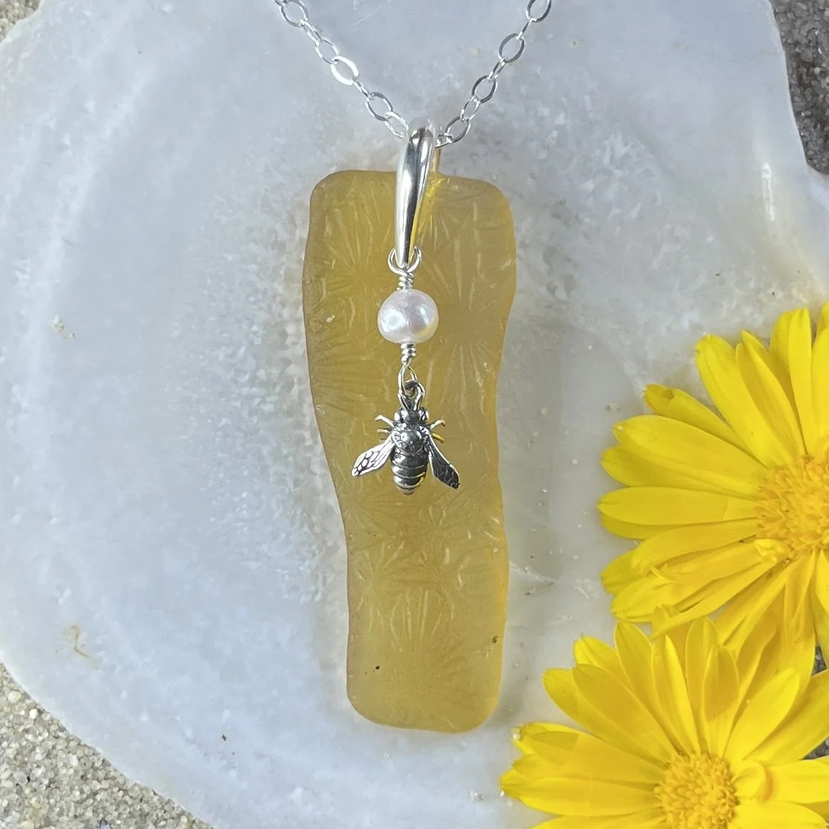 Yellow privacy Sea Glass Necklace with a Sterling Silver Honey Bee and a Freshwater Pearl by Janet Payne Jewelry, Cape May, NJ.jpg