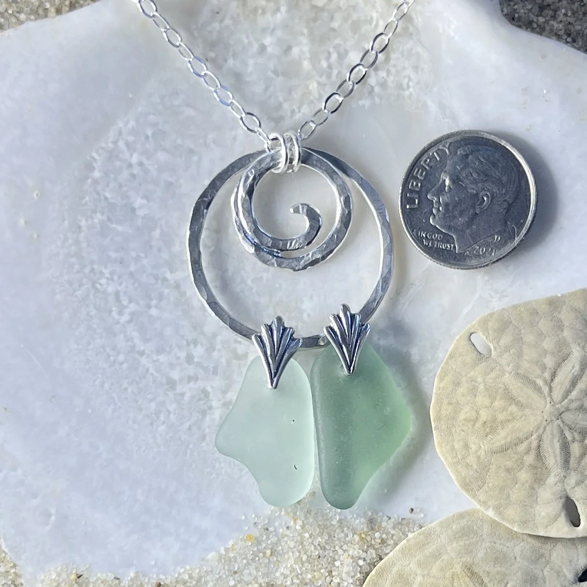 Necklace with Sterling Silver Circle, an Ocean Wave and Two Pieces of Seafoam