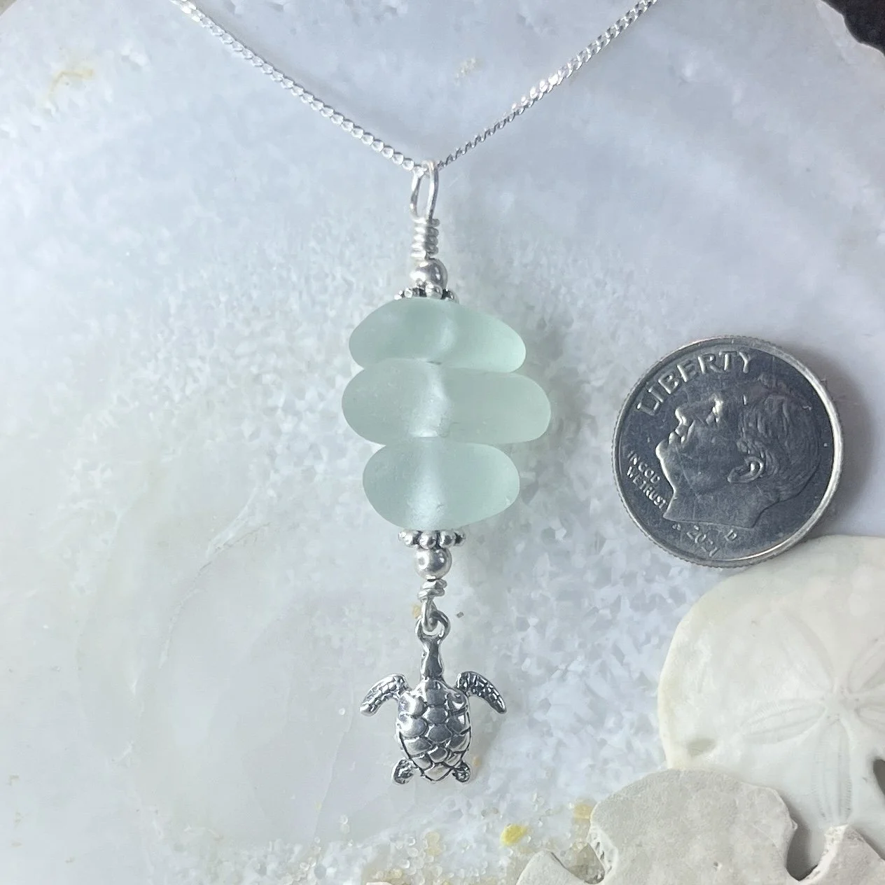 Seafoam Stacked Sea Glass Necklace with a Sterling Silver Sea Turtle, Cape May, NJ