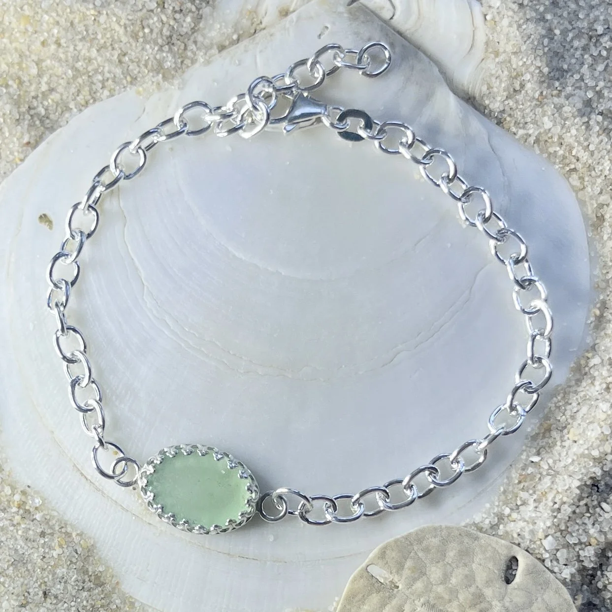 Green Seafoam Sea Glass Bracelet by Janet Payne Jewelry, Cape May. NJ