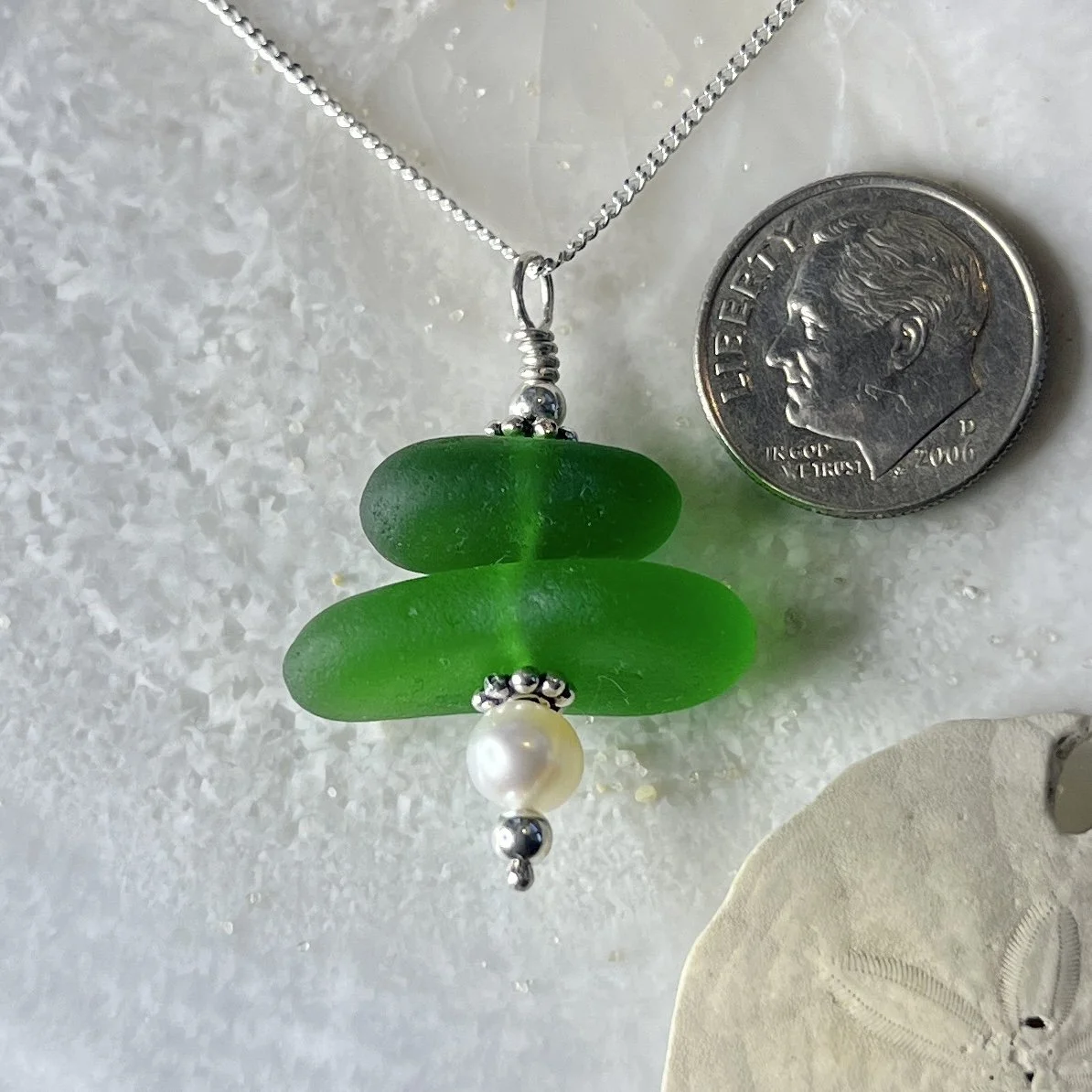Green stacked sea glass necklace with a freshwater pearl