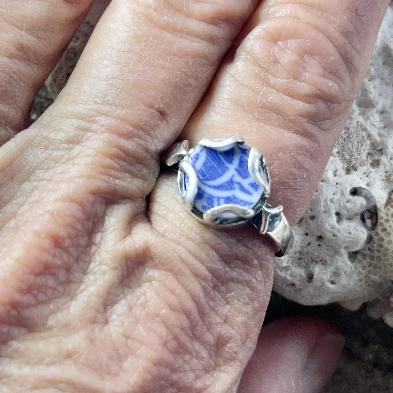 Blue and White Sea Pottery Ring - Size 7