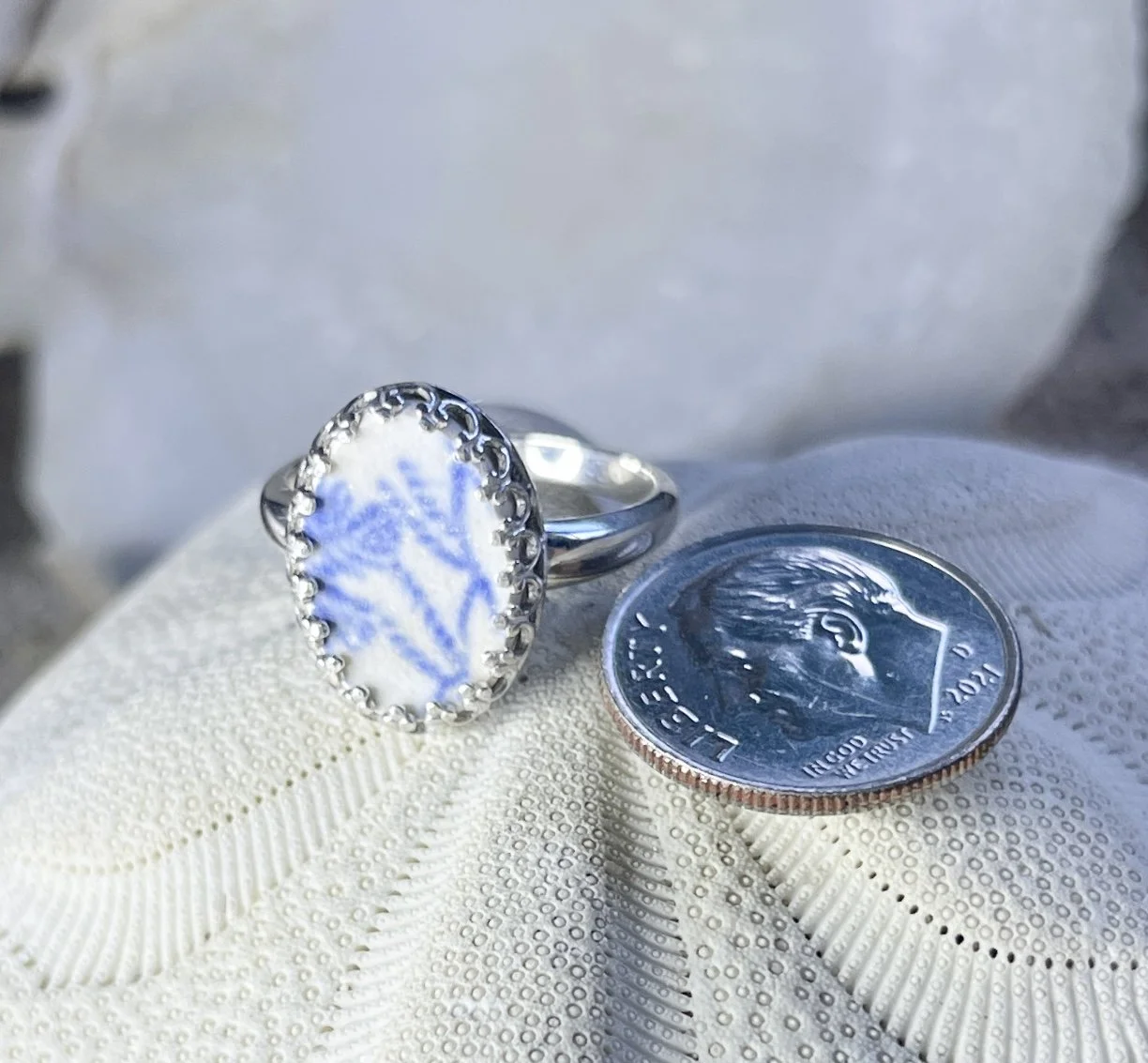 Blue Transfer Ware Sea Pottery Ring set in Sterling Silver, Size 6