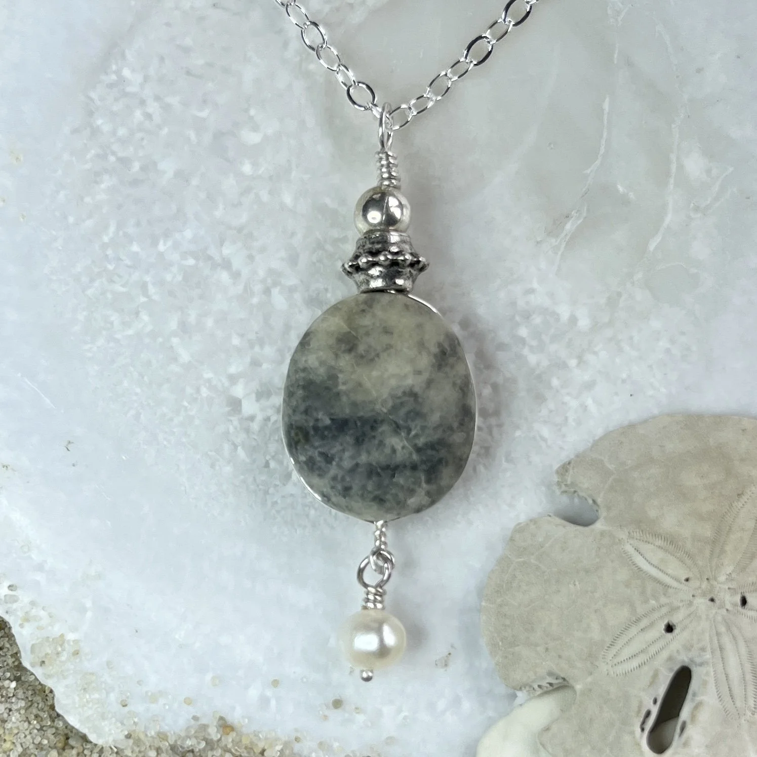 Beach Stone Necklace with a Freshwater Pearl by Janet Payne Jewelry, Cape May, NJ.jpg