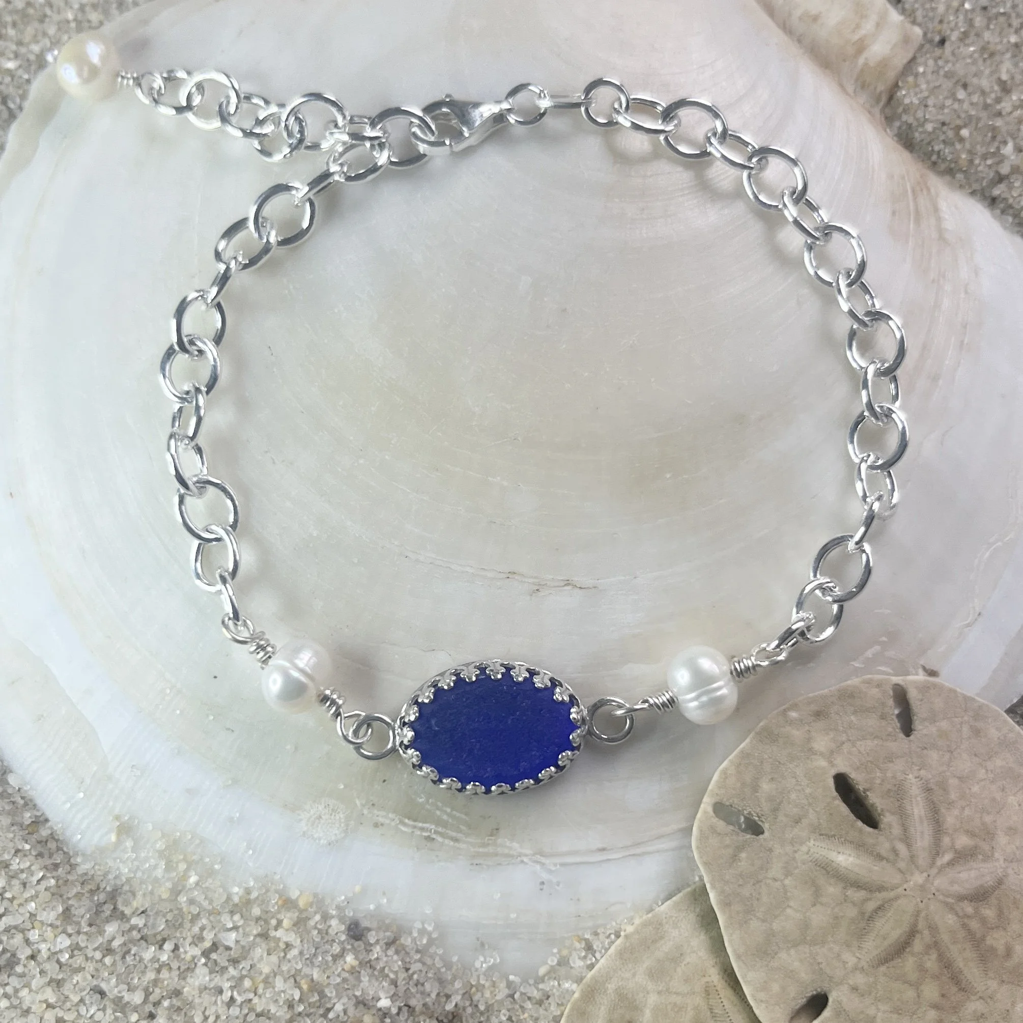 Cobalt Blue Sea Glass Bracelet with Freshwater Pearls by Janet Payne Jewelry, Cape May, NJ.jpg