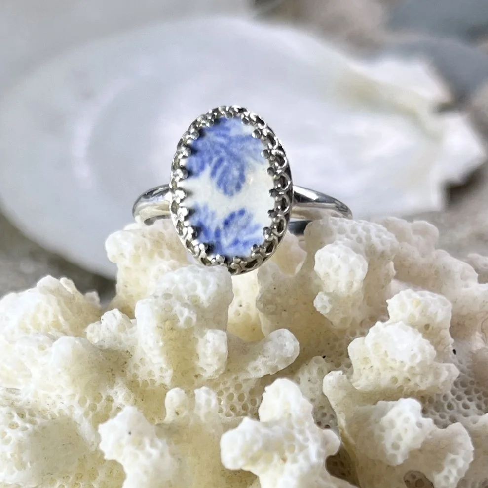 Blue Transfer Ware Sea Pottery Ring by Janet Payne Jewelry, Cape May, NJ.jpg