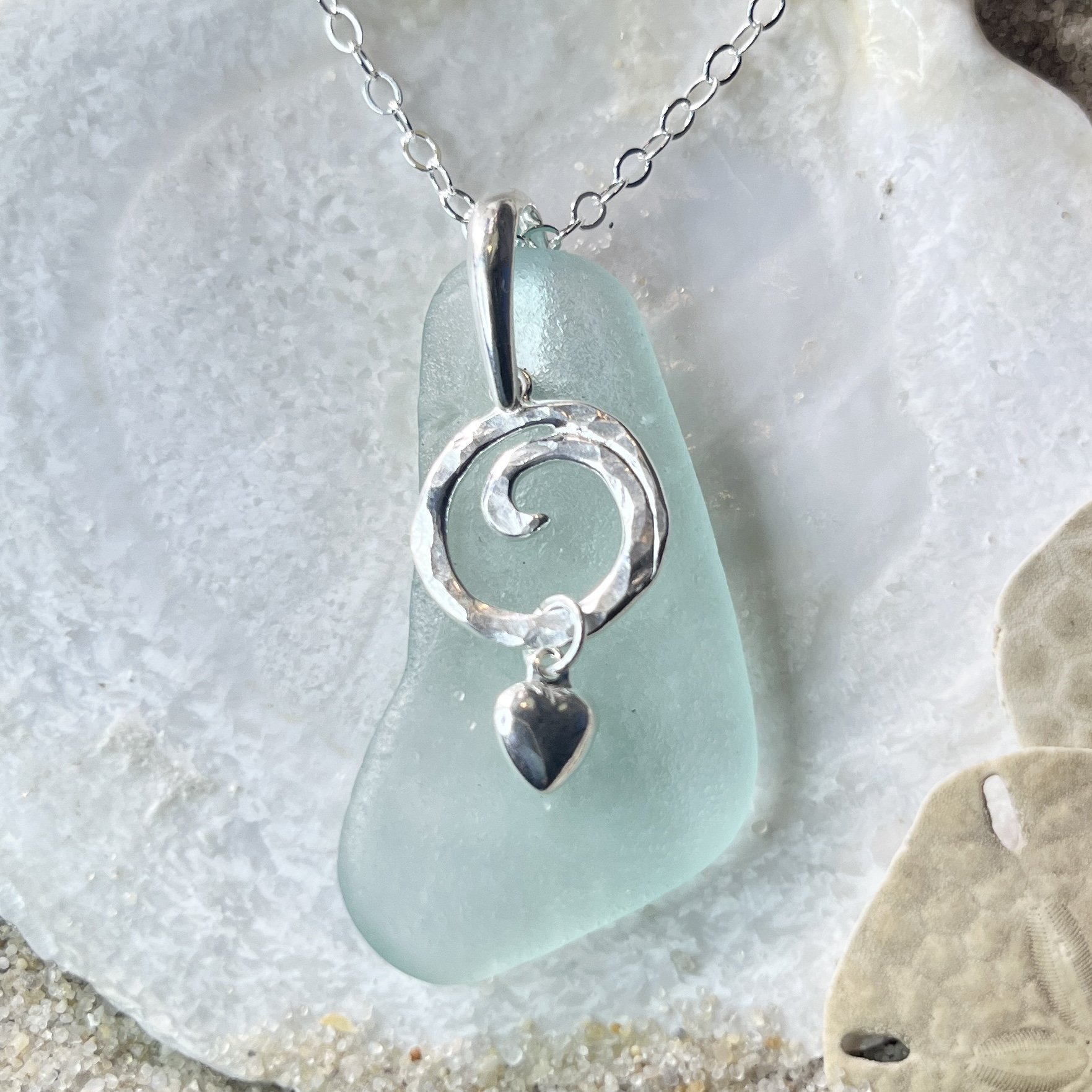 Blue Seafoam Sea Glass Necklace with a Sterling Silver Ocean Wave and Heart by Janet Payne Jewelry, Cape May. NJ.jpg