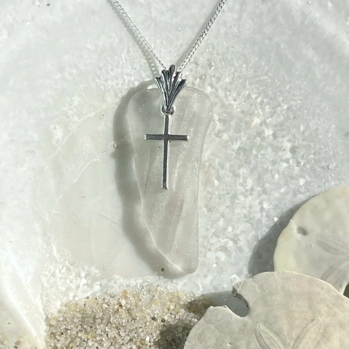 White Sea Glass Necklace with a Sterling Silver Cross by Janet Payne Jewelry, Cape May, NJ