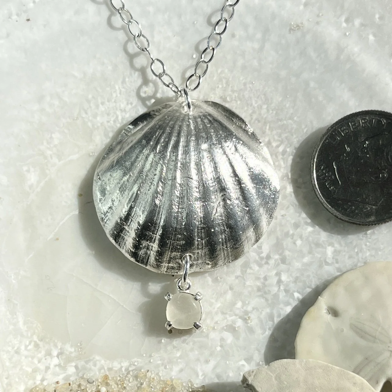 Fine Silver Shell Pendant with a Cape May Diamond Drop by Janet Payne Jewelry