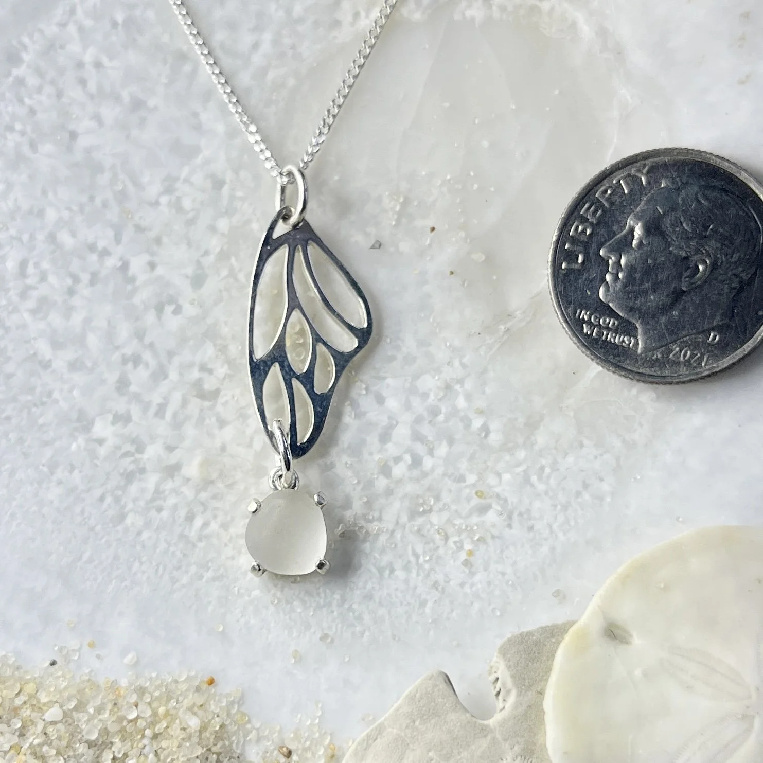 Sterling Silver Butterfly Wing Necklace with a Cape May Diamond Drop.jpg