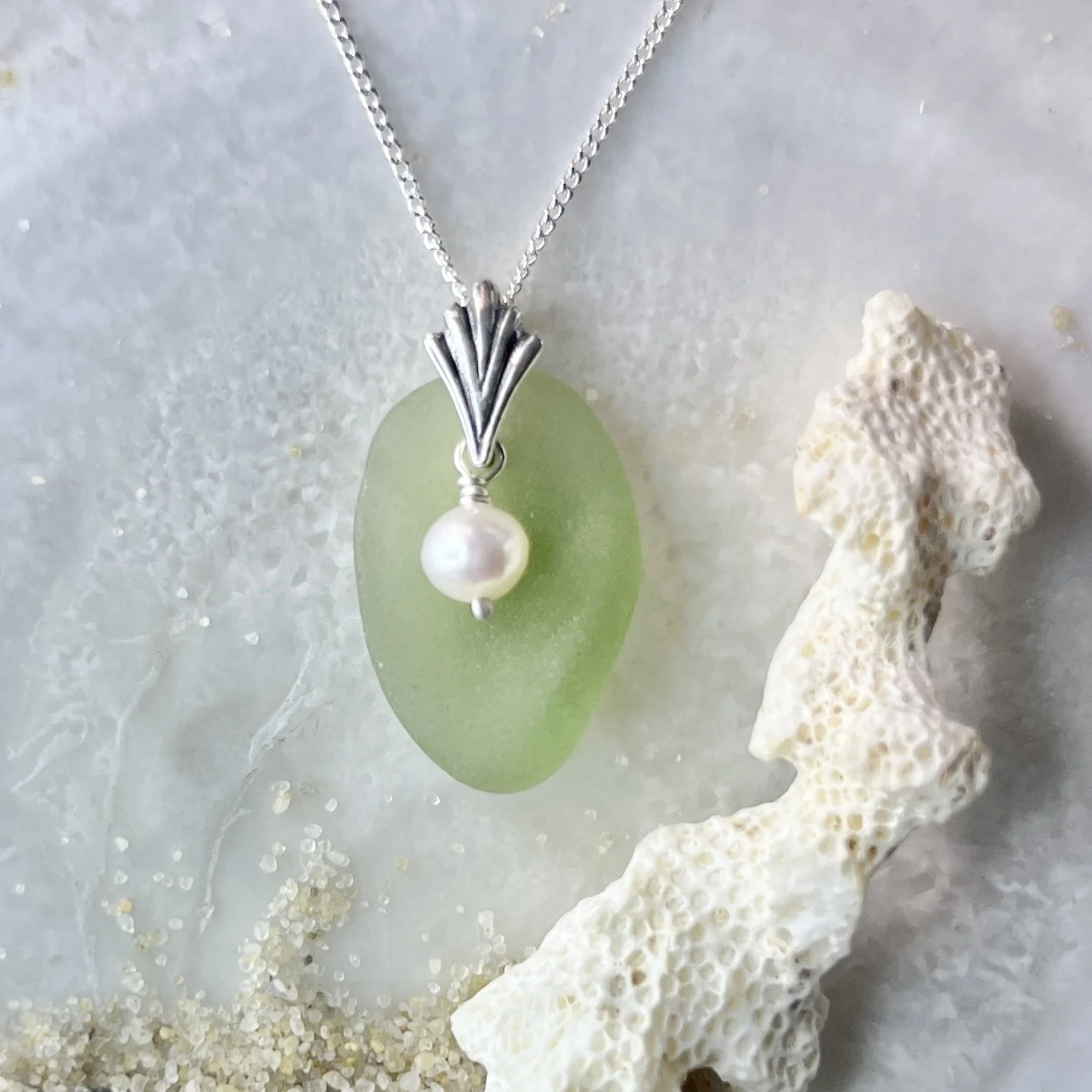 Light Green Sea Glass Necklace with a Freshwater Pearl by Janet Payne Jewelry, Cape May, NJ
