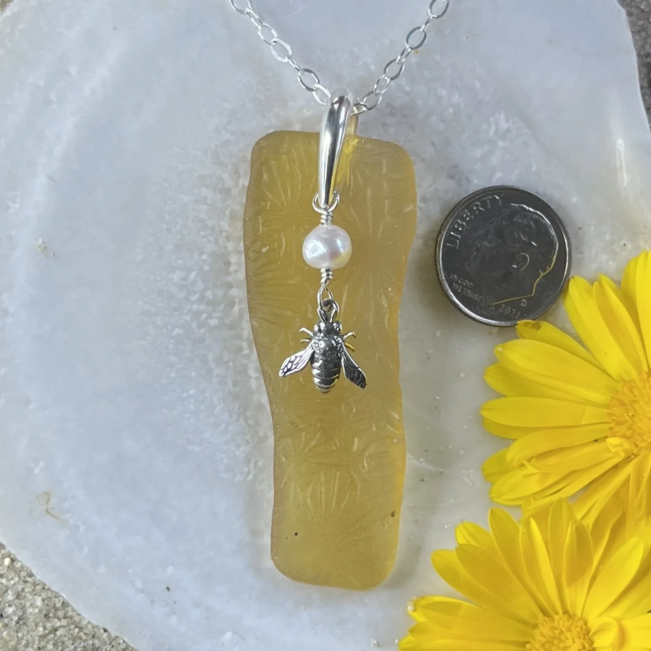 Yellow privacy Sea Glass Necklace with a Sterling Silver Honey Bee and a Freshwater Pearl.jpg
