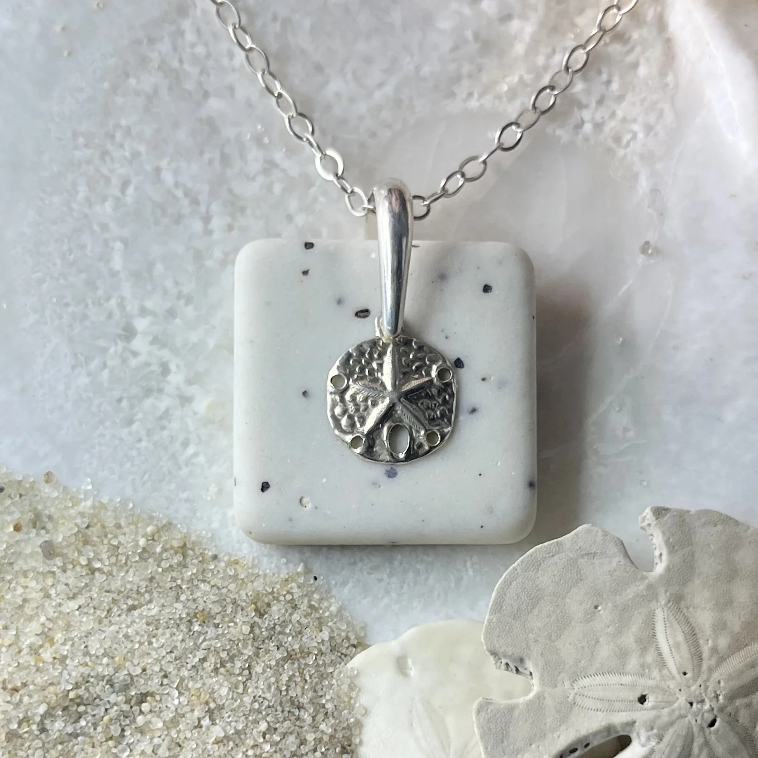 White Tile Sea Pottery Necklace with a Sterling Silver Sand Dollar by Janet Payne Jewelry, Cape May, NJ