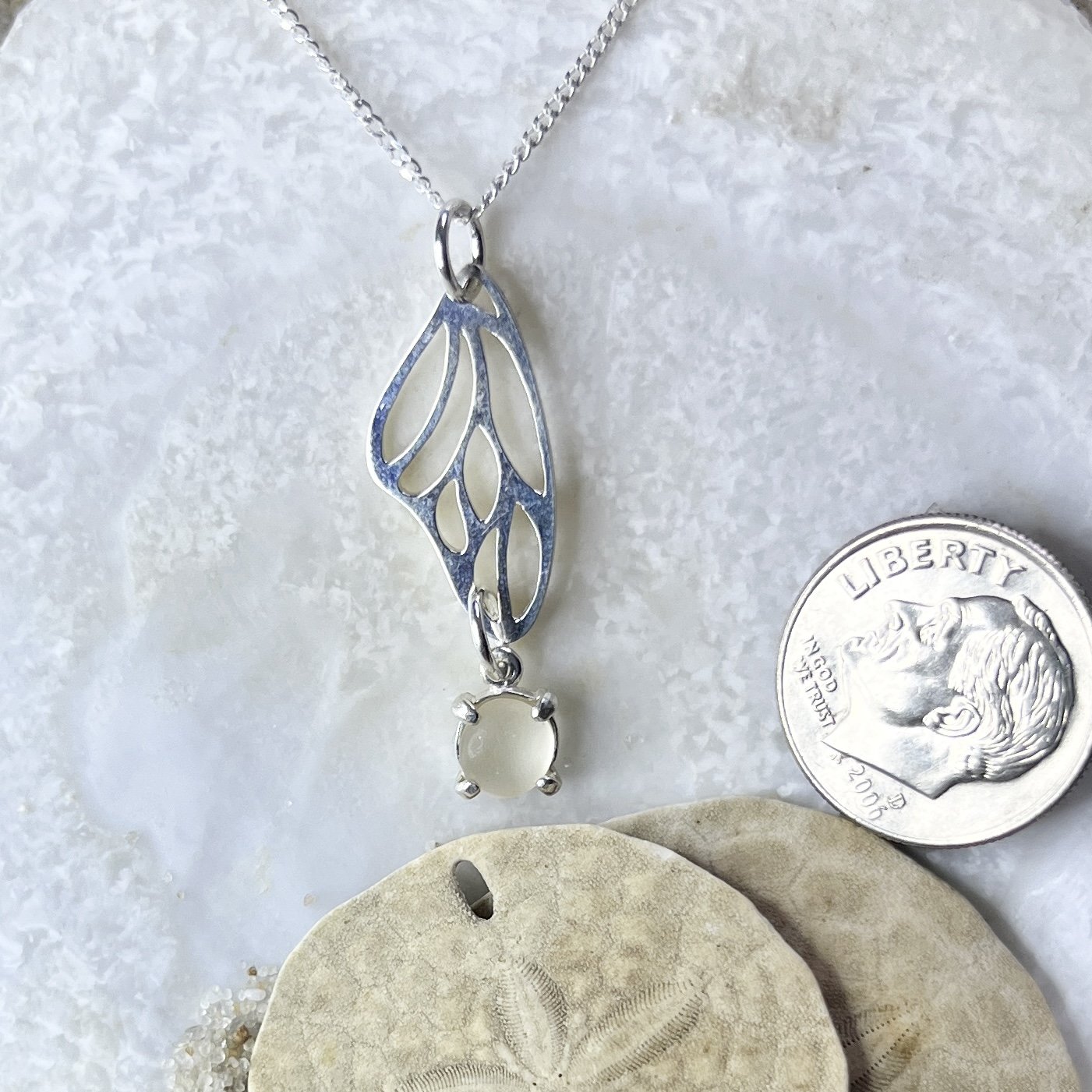 Sterling Silver Butterfly Wing Necklace with a Cape May Diamond Drop