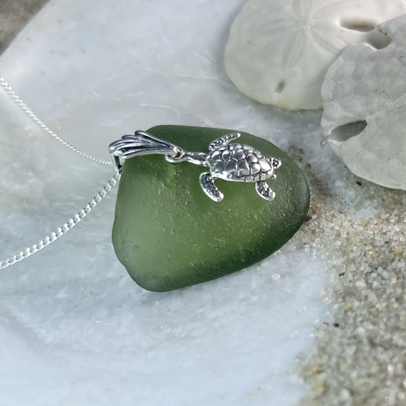 Moss Green Sea Glass Necklace with a Sterling Silver Sea Turtle