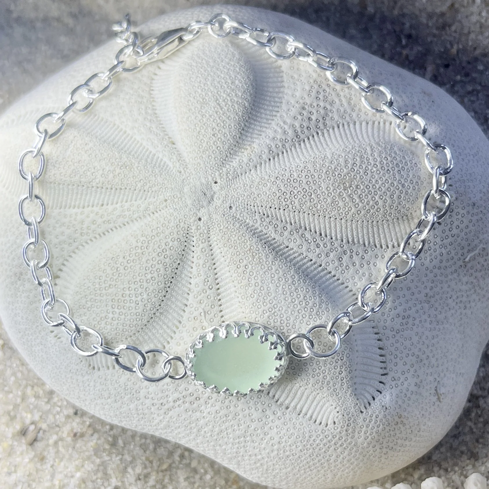 Rare Ultraviolet Seafoam Green Sea Glass Bracelet by Janet Payne Jewelry, Cape May, NJ