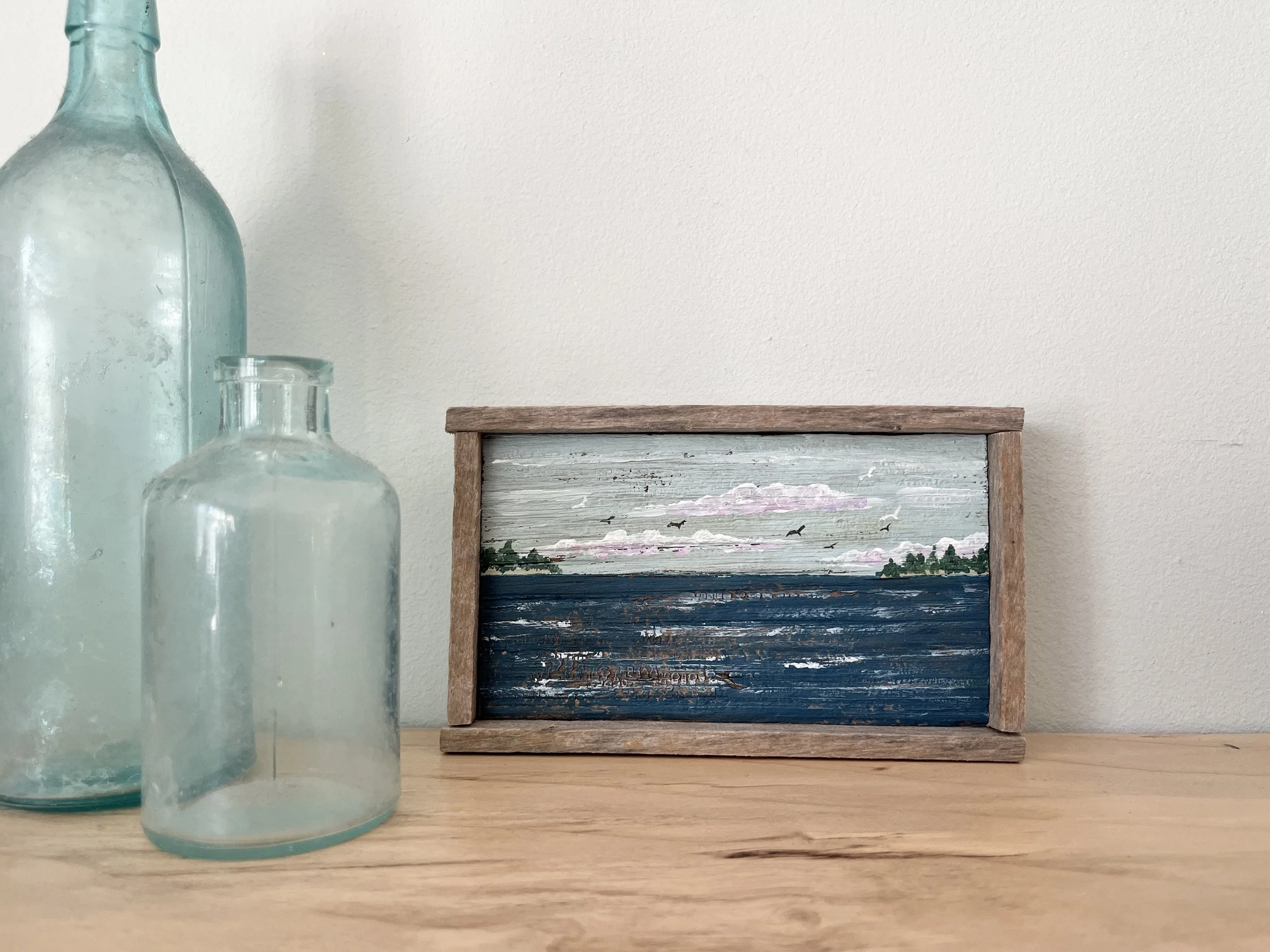 Canal Bird Watch, driftwood painting by Janet Payne, Cape May, NJ