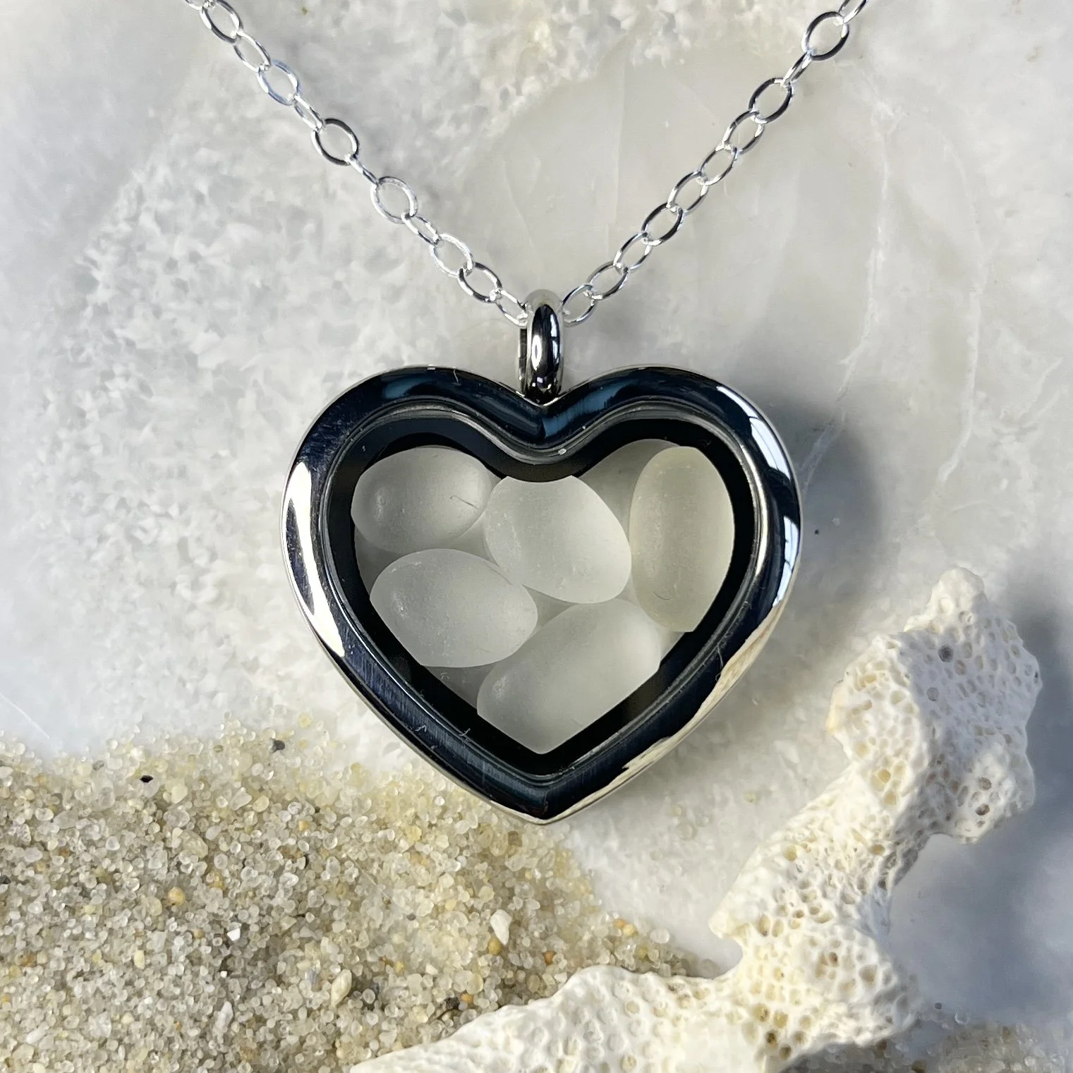 Glass Heart Locket Filled with Natural Cape May Diamonds by Janet Payne Jewelry, Cape May, NJ.jpg