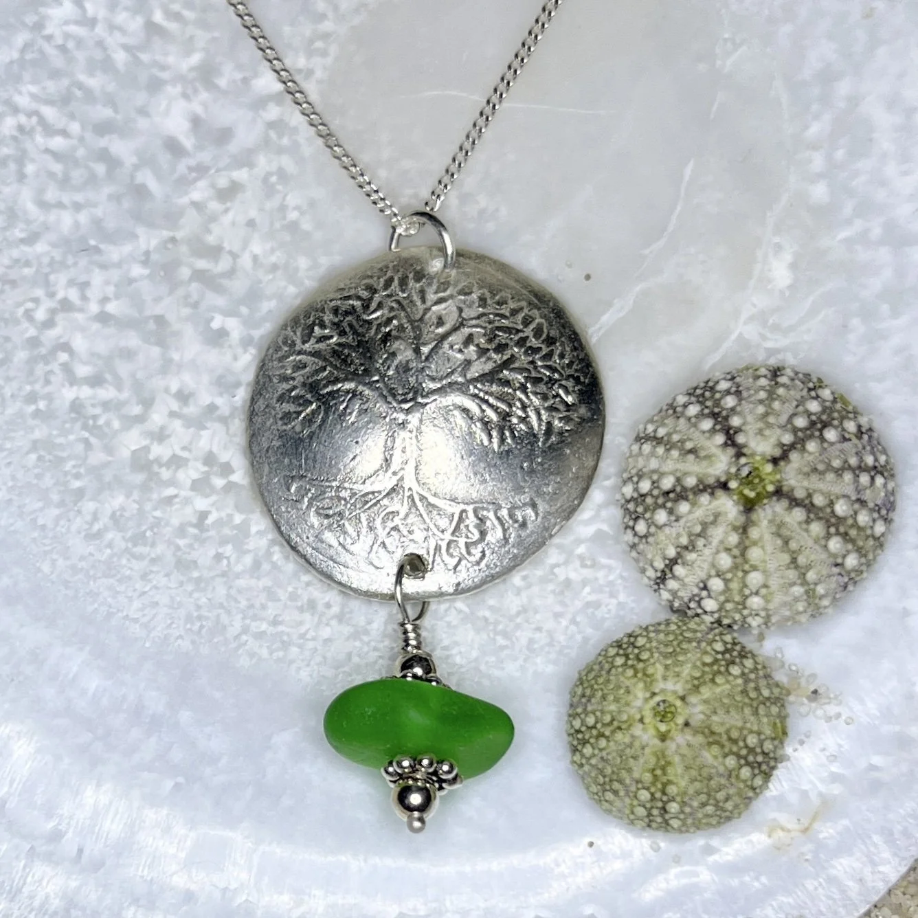 Tree of Life pendant with a bright green sea glass by Janet Payne Jewelry, Cape May, NJ