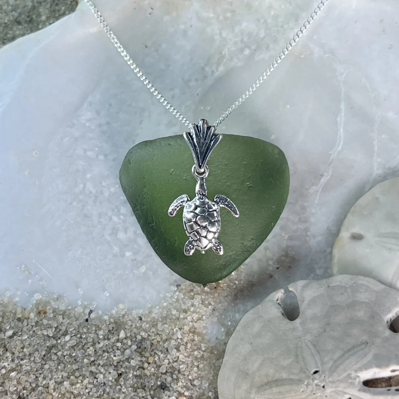 Moss Green Sea Glass Necklace with a Sterling Silver Sea Turtle by Janet Payne Jewelry, Cape May, NJ