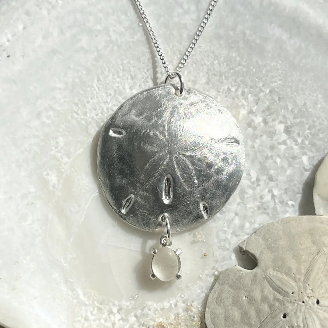Fine Silver Sand Dollar Pendant with a Cape May Diamond Drop by Janet Payne Jewelry, Cape May, NJ