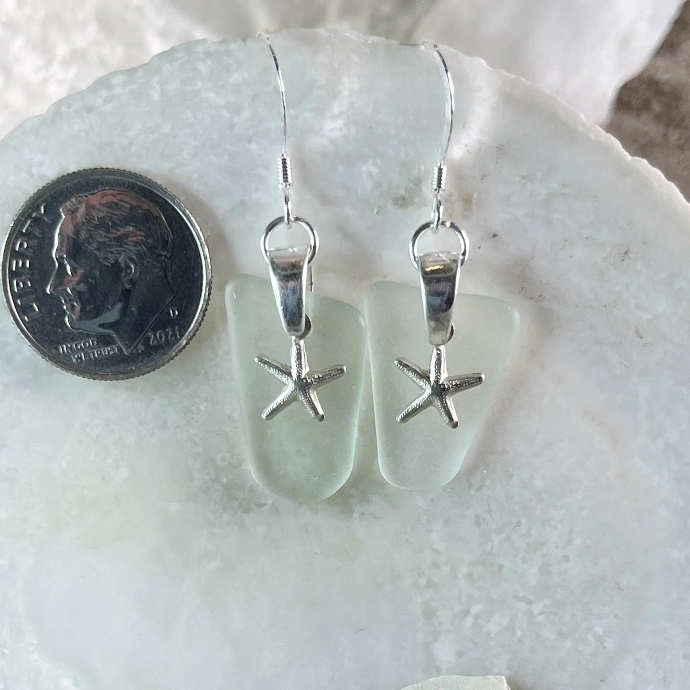Light Sea Foam Sea Glass Earrings with Sterling Silver Sea Stars