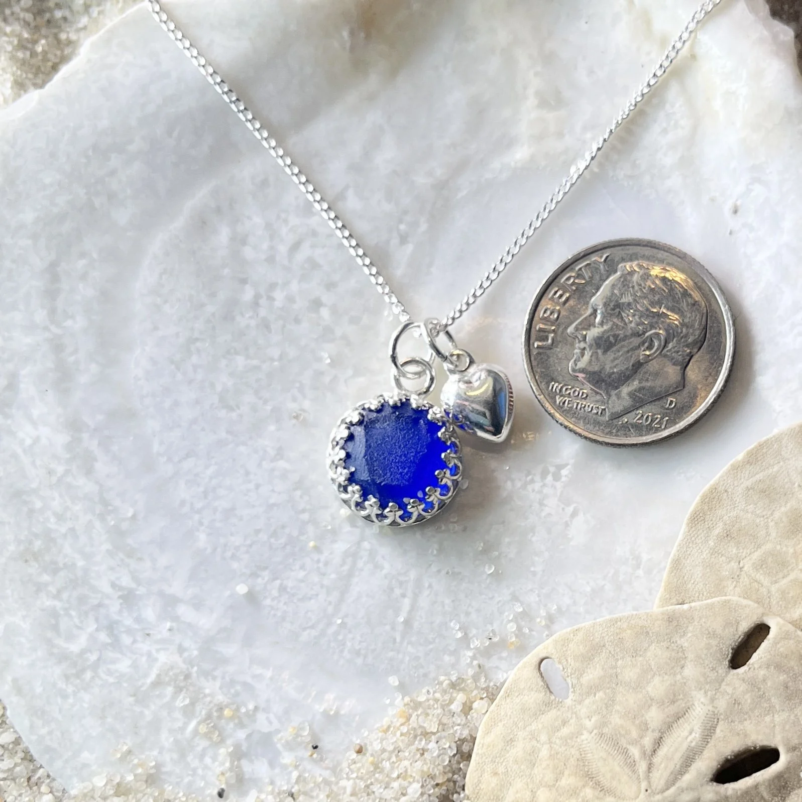 Petite Cobalt Blue Sea Glass Necklace with a Sterling Silver Heart .jpg