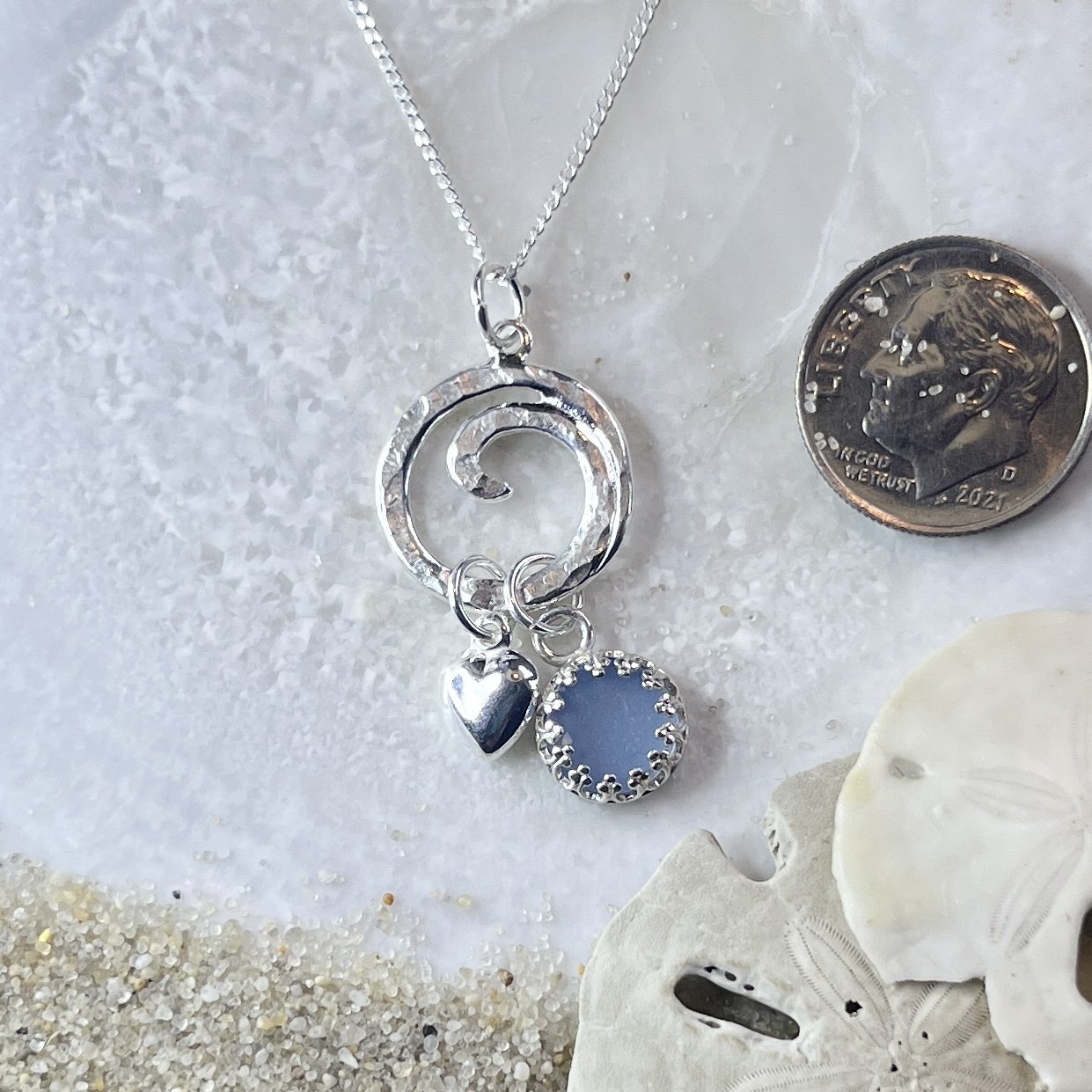 Sterling Silver Ocean Wave Necklace with Petite Cornflower Blue Sea Glass and a Sterling Silver Heart .jpg
