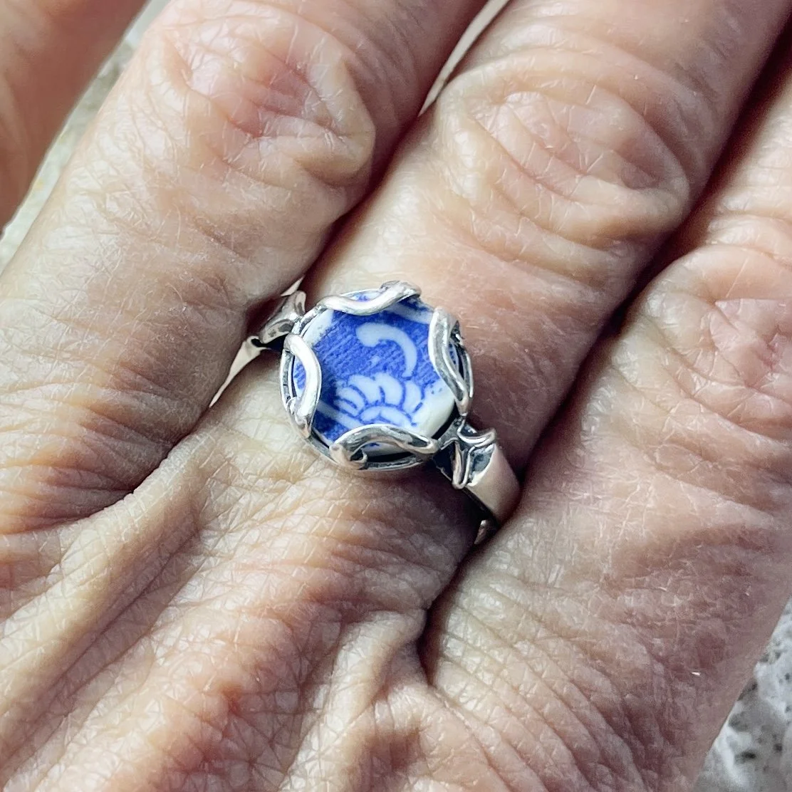 Blue and White Sea Pottery Ring -size 8