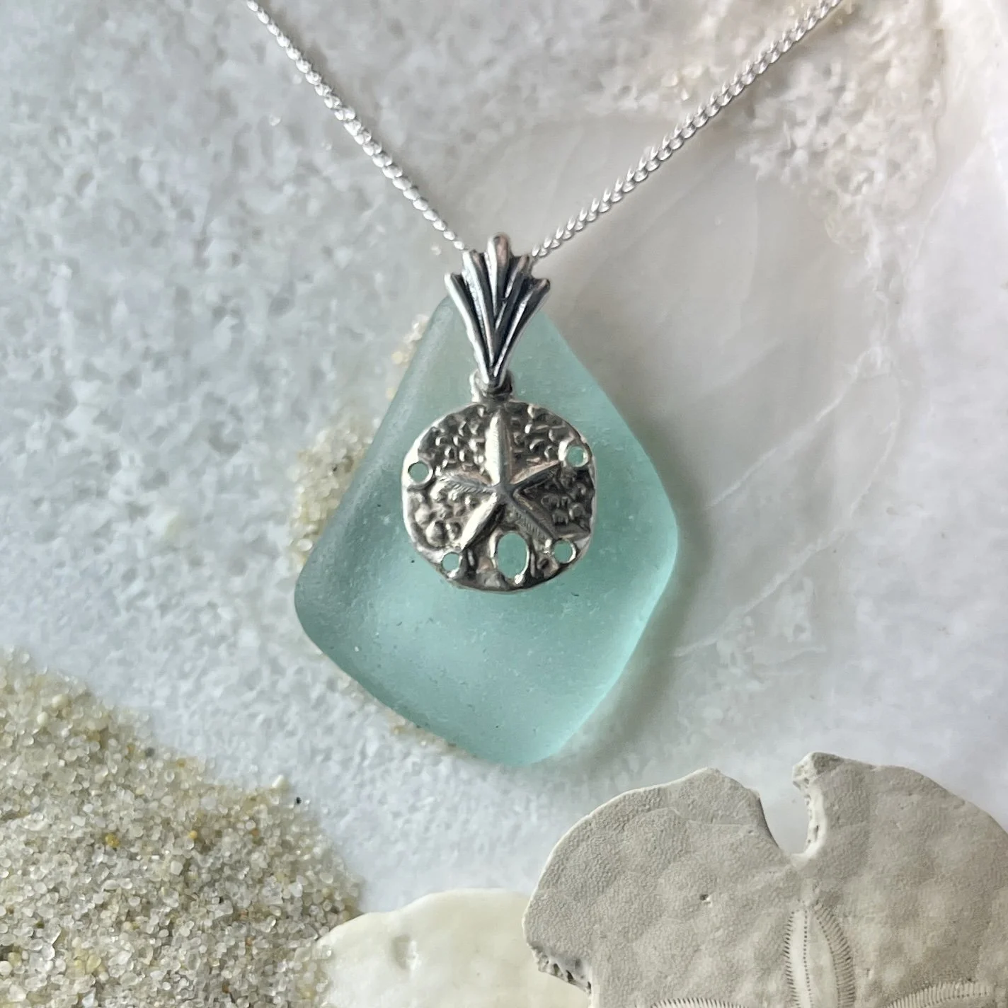 Blue Seafoam Sea Glass Necklace with a Sterling Silver Sand Dollar by Janet Payne Jewelry, Cape May, NJ