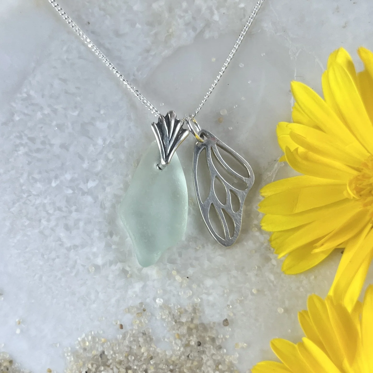 Blue Seafoam Sea Glass Necklace with a Sterling Silver Butterfly Wing by Janet Payne Jewelry, Cape May, NJ.jpg