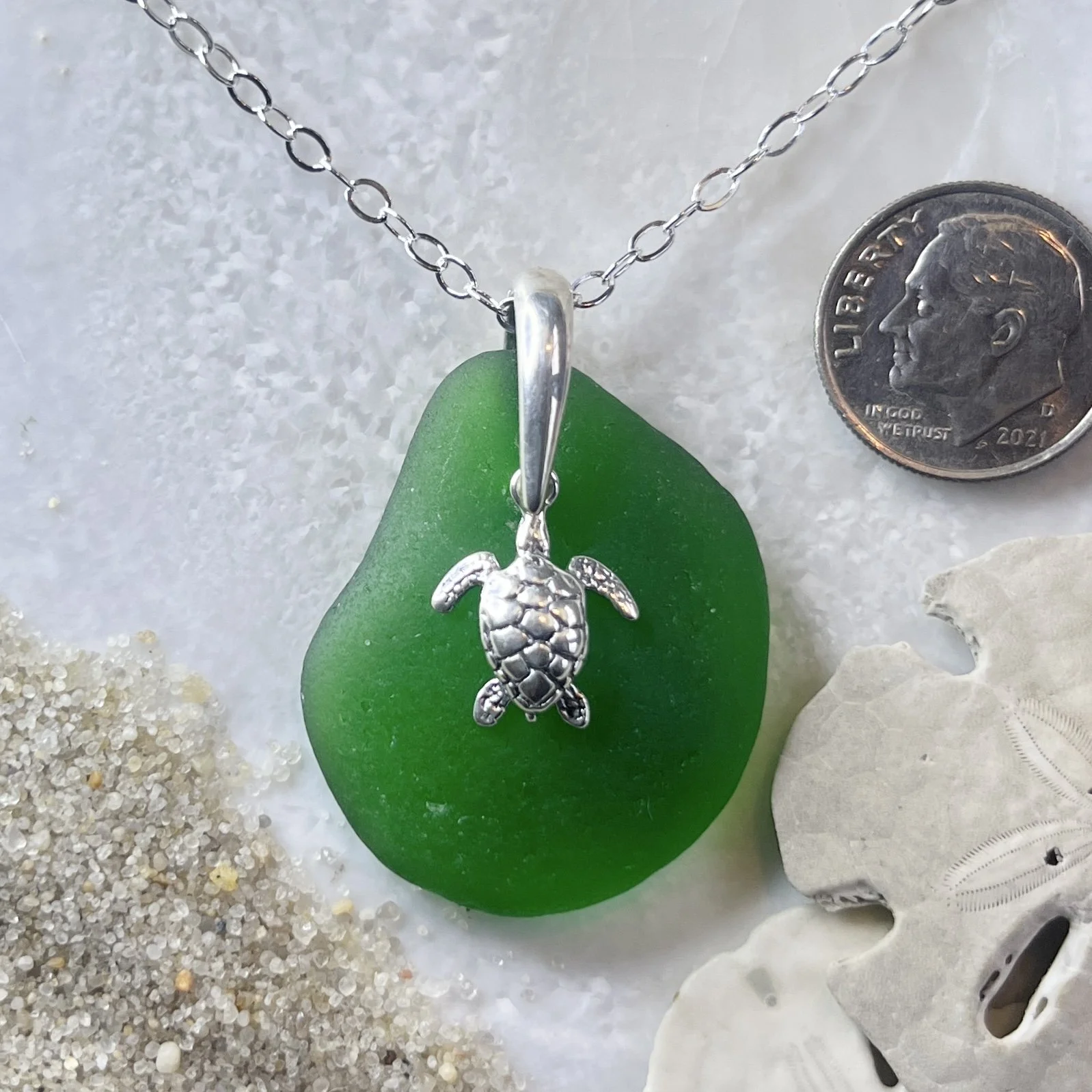 Green Sea Glass Necklace with a Sterling Silver Sea Turtle .jpg
