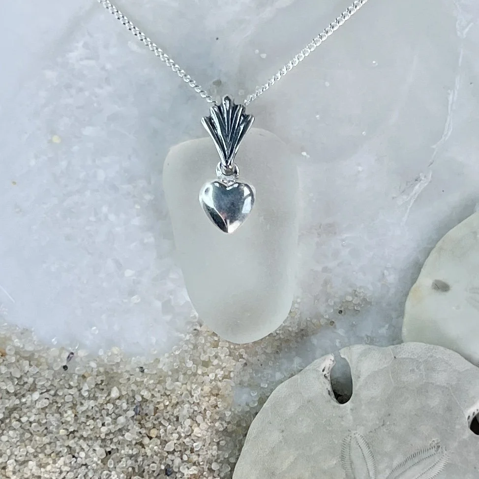 White Sea Glass Necklace with a Sterling Silver Heart by Janet Payne Jewelry, Cape May, NJ