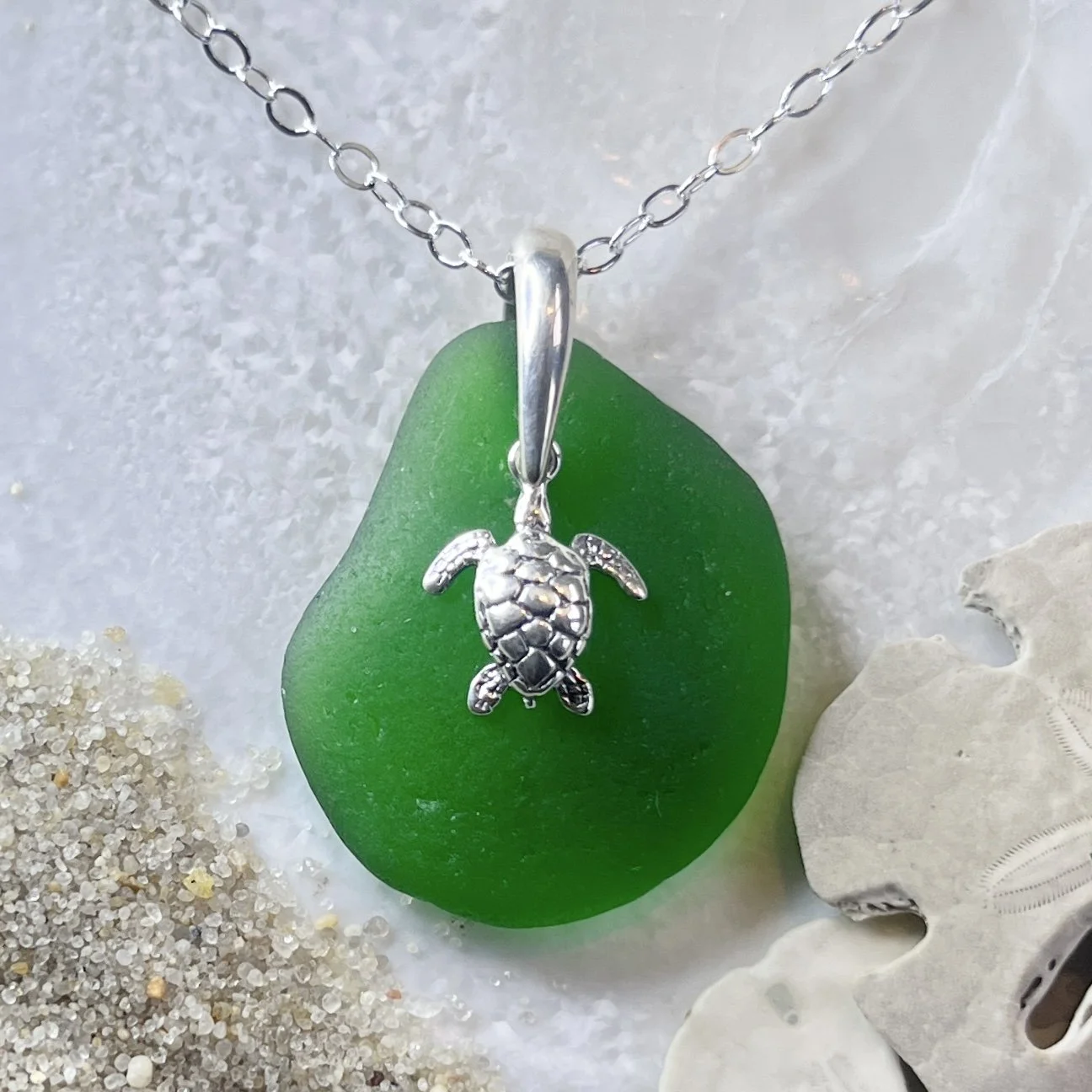 Green Sea Glass Necklace with a Sterling Silver Sea Turtle by Janet Payne Jewelry, Cape May, NJ.jpg
