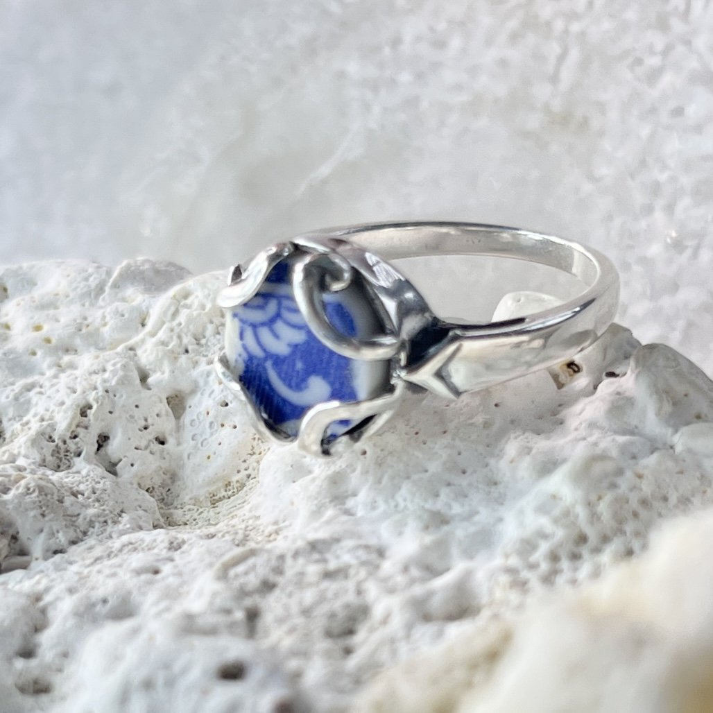Blue and White Sea Pottery Ring -size 8 by Janet Payne Jewelry, Cape May, NJ