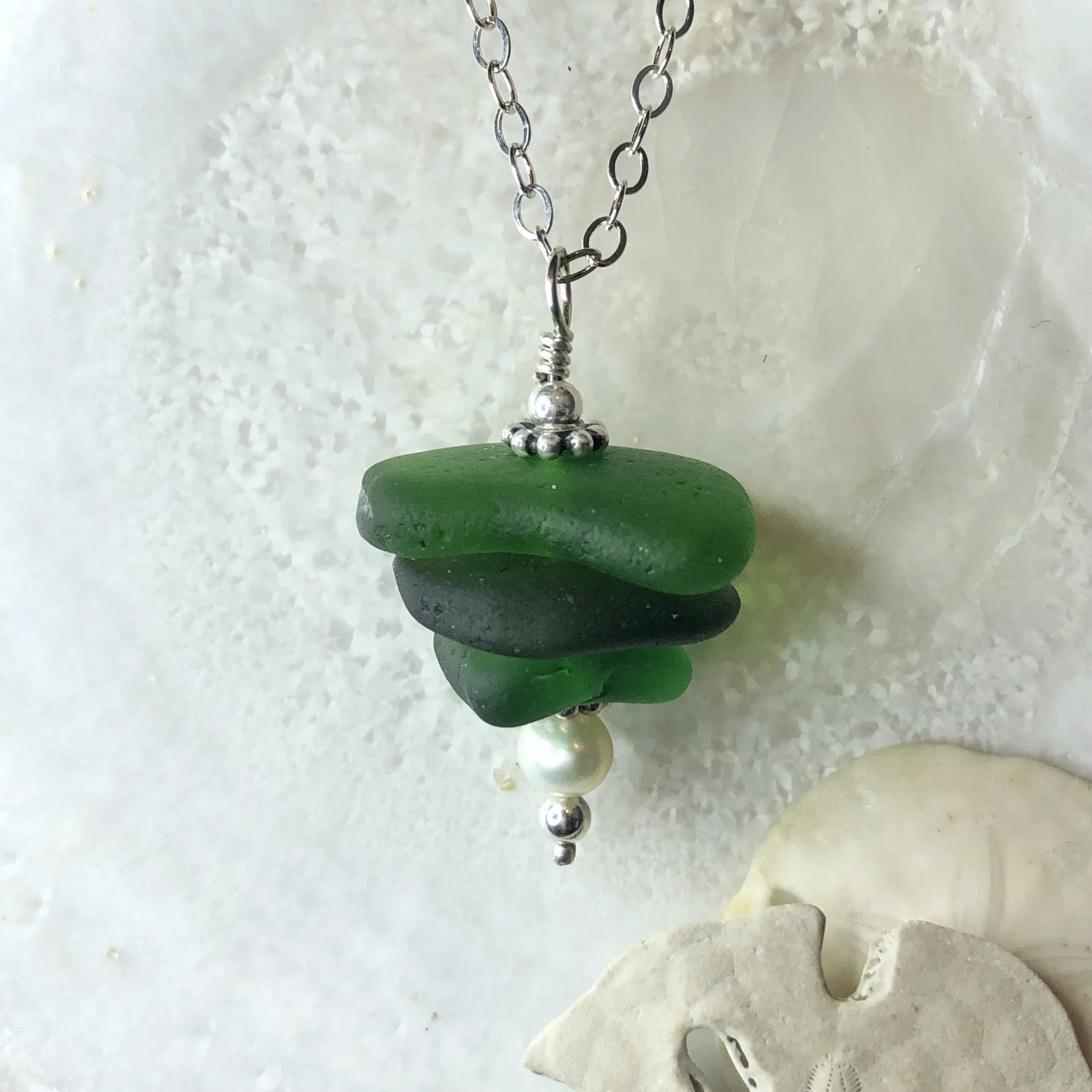 Stacked green sea glass necklace with a freshwater pearl by Janet Payne Jewelry, Cape May, NJ
