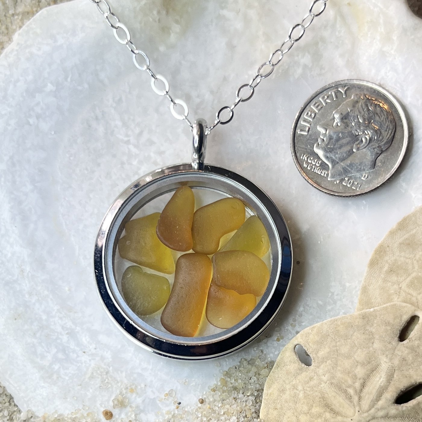 Glass Circle Locket Filled with Shades of Honey Colored Sea Glass