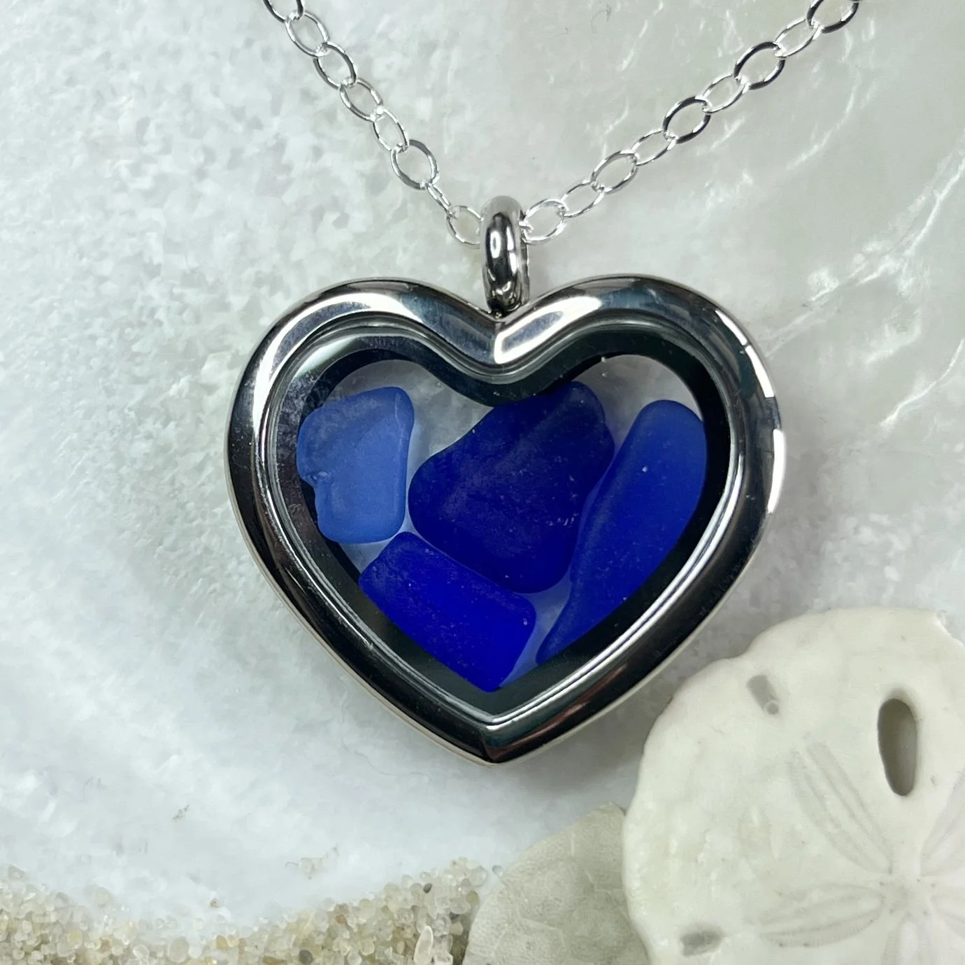 Glass Heart Locket Filled with Deep Blue Sea Glass by Janet Payne Jewelry, Cape May, NJ.jpg