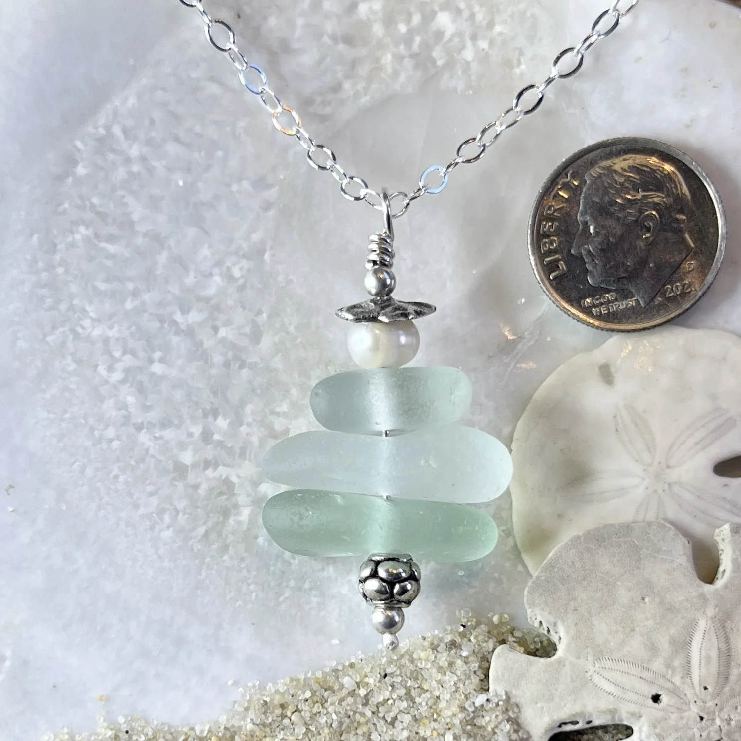Stacked Sea Foam Sea Glass Necklace with a Freshwater Pearl .jpg