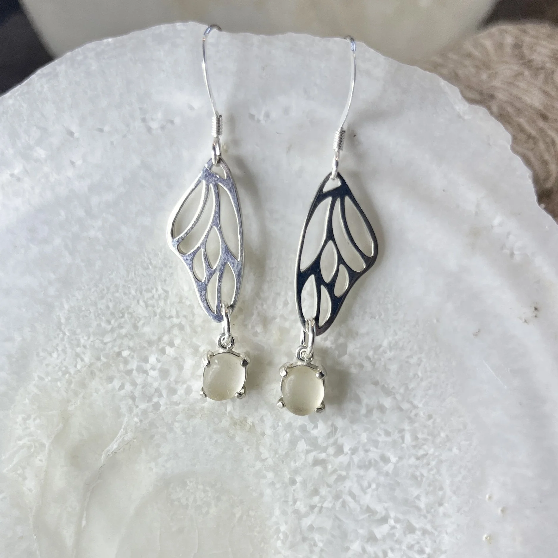 Sterling Silver Butterfly Wing Earrings with Cape May Diamond Drops by JANET PAYNE Jewelry, Cape May, NJ
