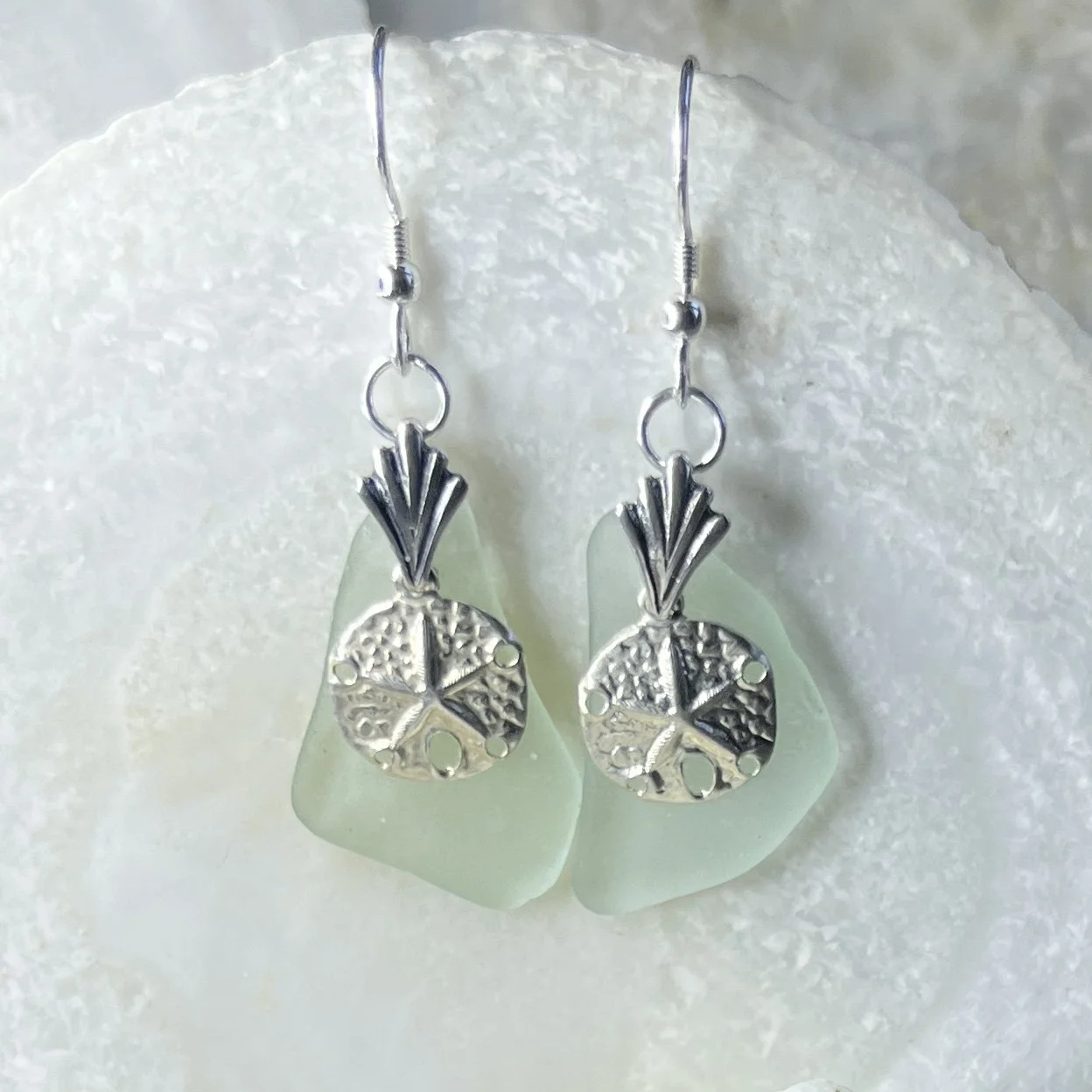 Sea Foam Sea Glass Earrings with Sterling Silver Sand Dollars by Janet Payne Jewelry, Cape May, NJ.jpg