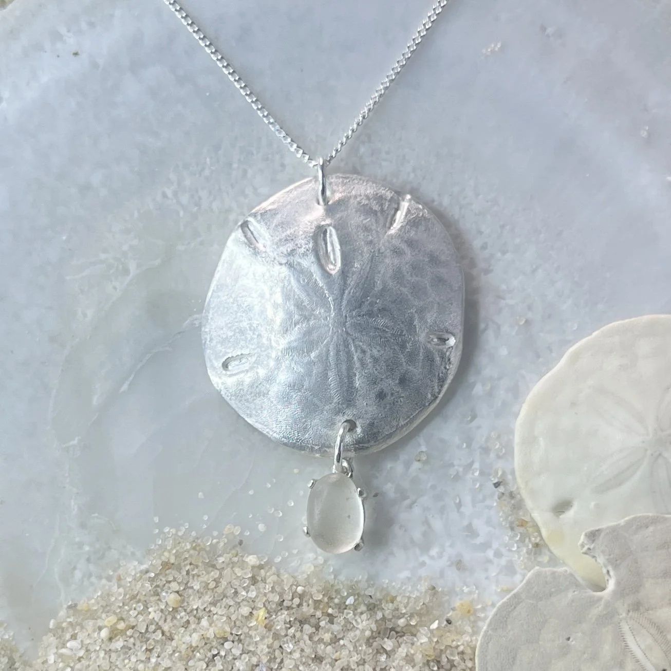 Fine Silver Sand Dollar Pendant with a Cape May Diamond Drop by Janet Payne Jewelry, Cape May, NJ