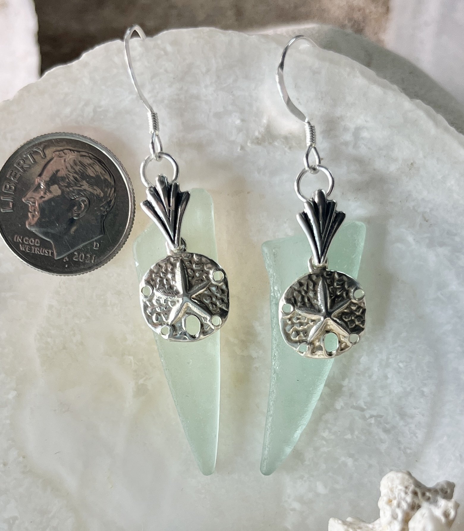 Blue Sea Foam Sea Glass Earrings with Sterling Silver Sand Dollars, Cape May, NJ