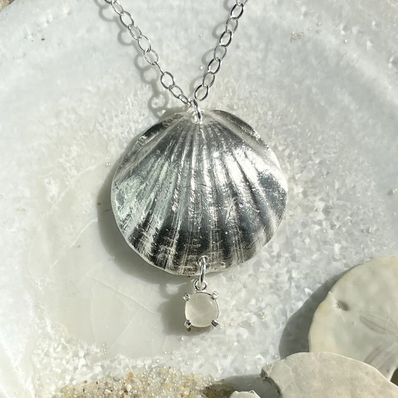 Fine Silver Shell Pendant with a Cape May Diamond Drop